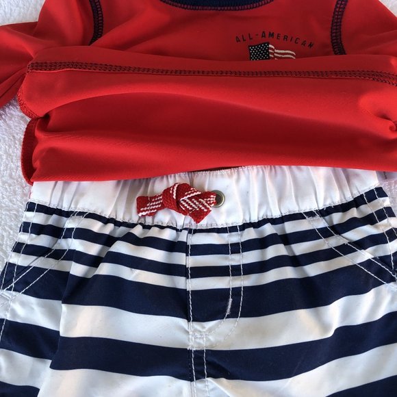 Carter's Baby Boy 2 Piece Swim Set, Red White Blue Trunks/Rash Guard Long Sleeve - Picture 6 of 11
